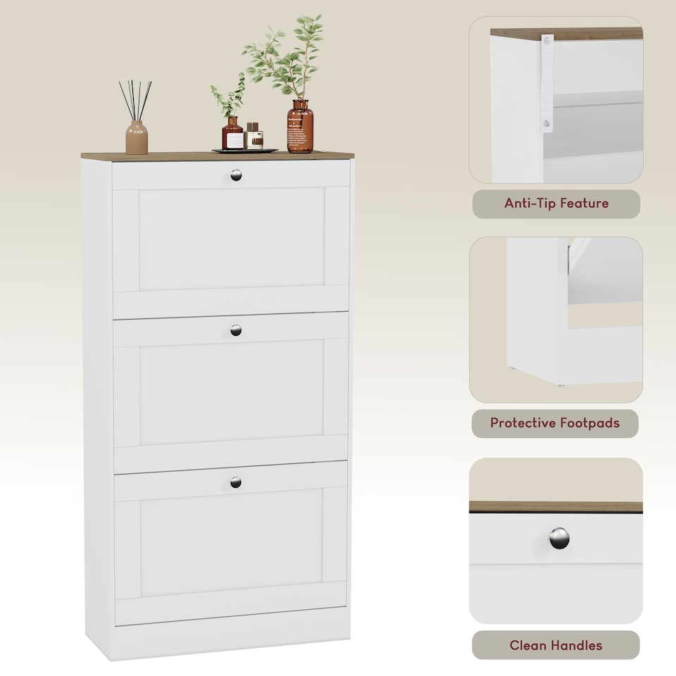 image 1 of Vida Designs 3 Drawer Shoe Cabinet Hallway Home Entrance Storage Unit, White & Oak