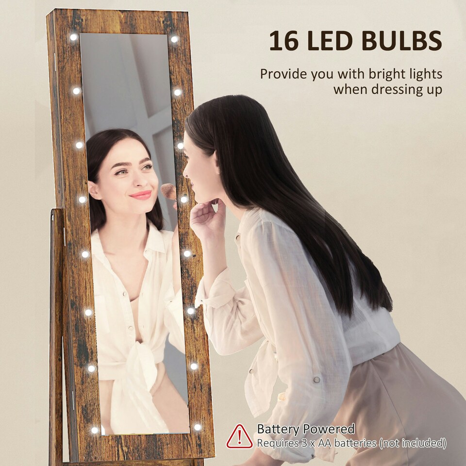 image 1 of HOMCOM Freestanding LED Mirrored Jewelry Cabinet Rustic Brown | Brown | Rustic Brown