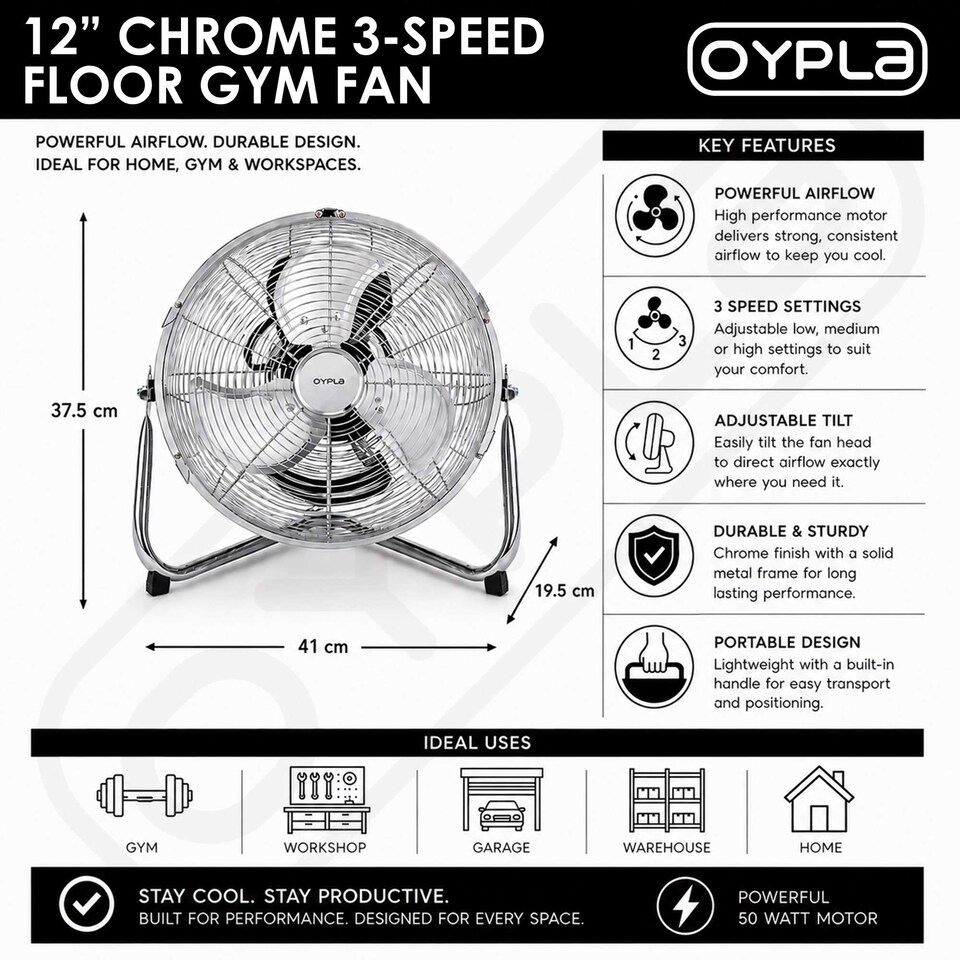 image 1 of 12 Inch Chrome 3 Speed Floor Standing Gym Fan Hydroponic