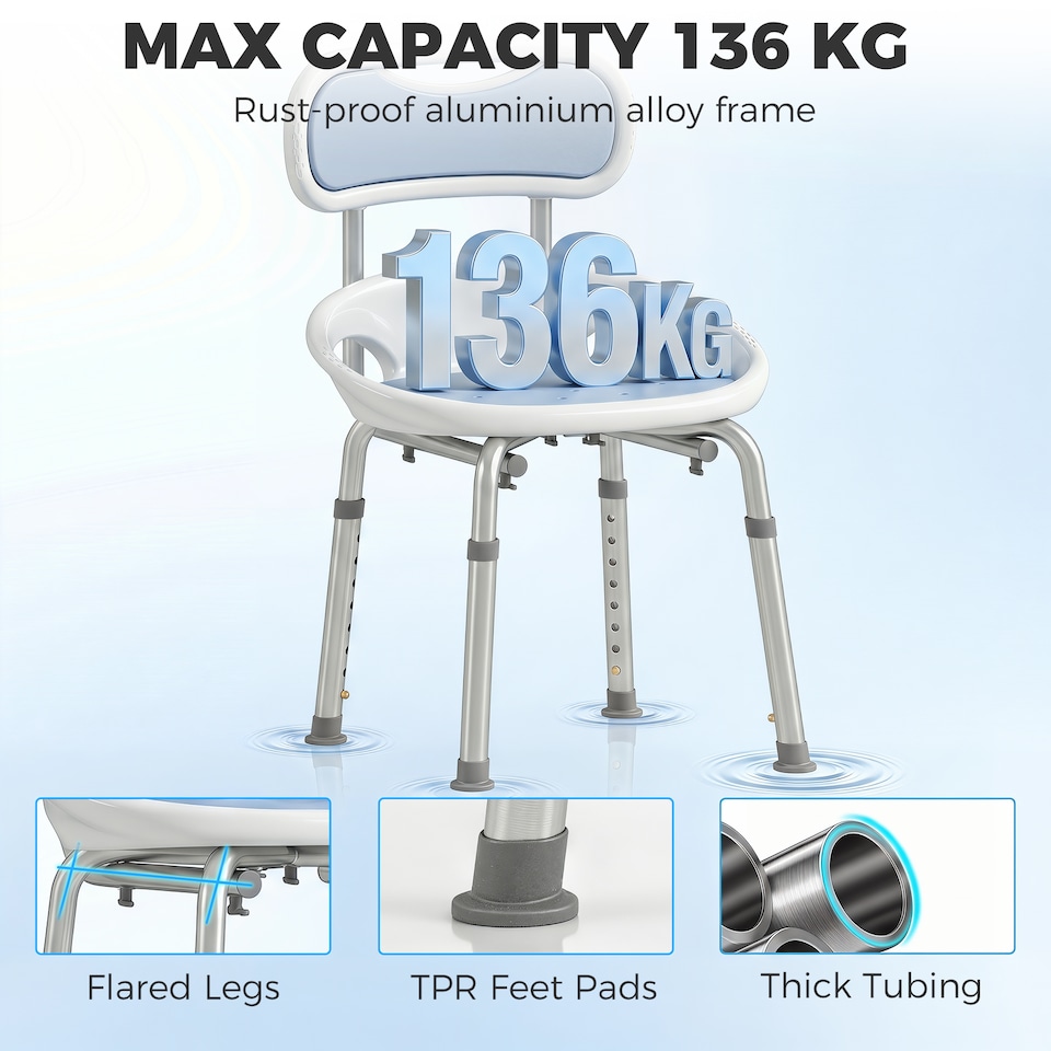 image 1 of HOMCOM Shower Chair with Back, Adjustable Height, Enclosed Side Support