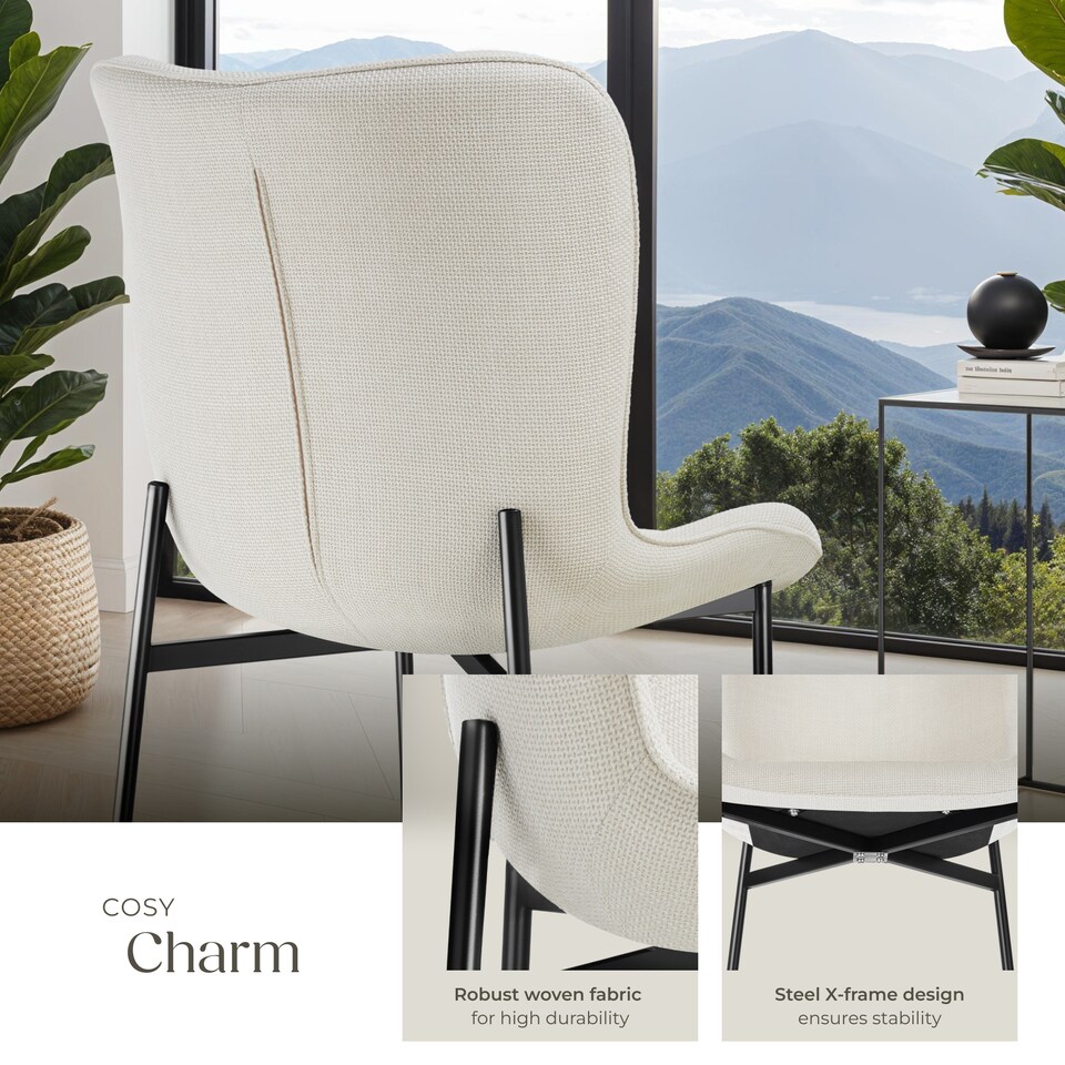 image 1 of Dining Chair Tessa - ergonomic high backrest, slim steel legs, soft fabric | White | Woven fabric off-white/black | 1