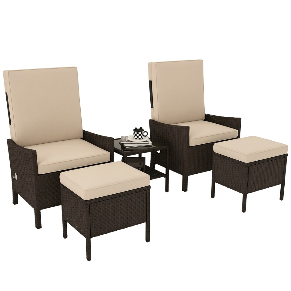 image 1 of Outsunny 5 Piece Rattan Garden Furniture Set, Wicker Patio Sofa Set with 2 Armchairs, 2 Footstools, Glass Top Coffee Table with Shelf, Outdoor Furniture with Adjustable Backrests, Cushions, Khaki | Brown | Khaki | One Size