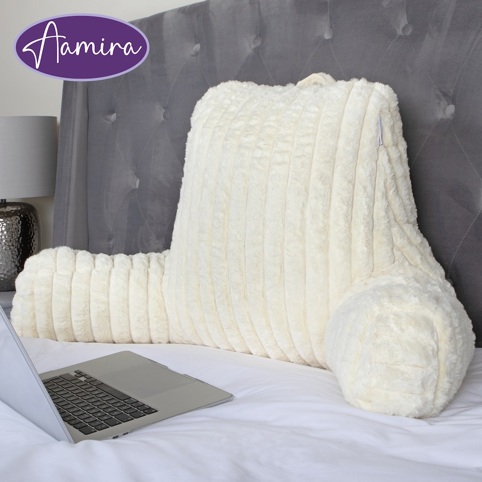 image 1 of Aamira Reading Pillow Cream Faux Fur Ribbed Memory Foam Support Cushion | Cream | Cream | Standard | 1