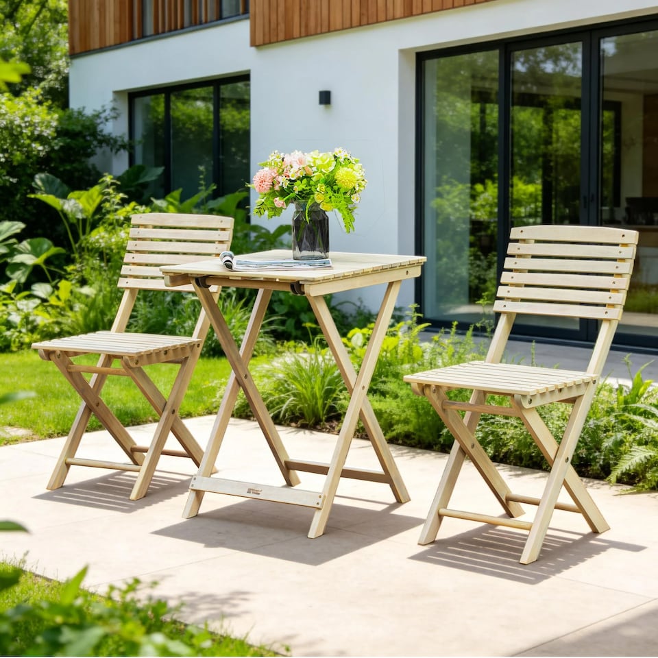 image 1 of Direct Wicker Foldable Acacia Wood Bistro Set, Sanded Natural Finish, Compact Folding Square Table Chairs Set