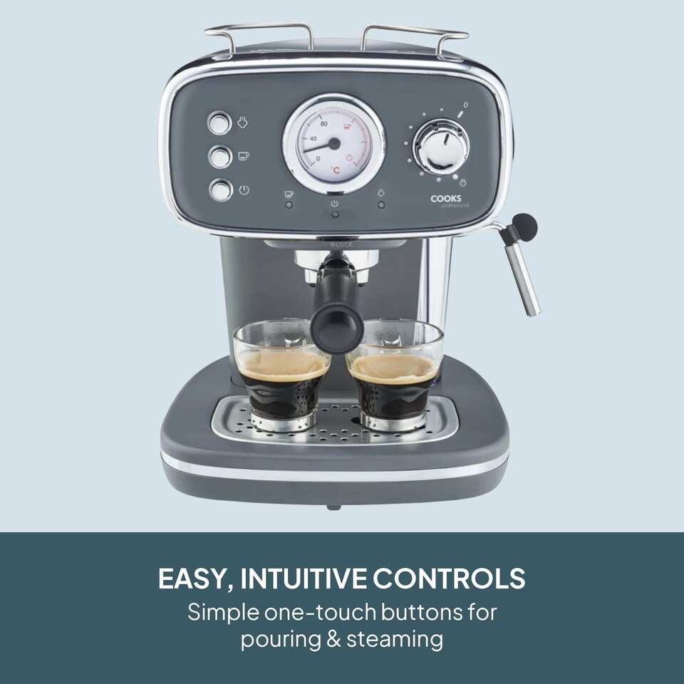 image 1 of Cooks Professional 15-Bar Retro Espresso Coffee Machine 1.2L with Frothing Steam Wand | Grey | Grey & Silver