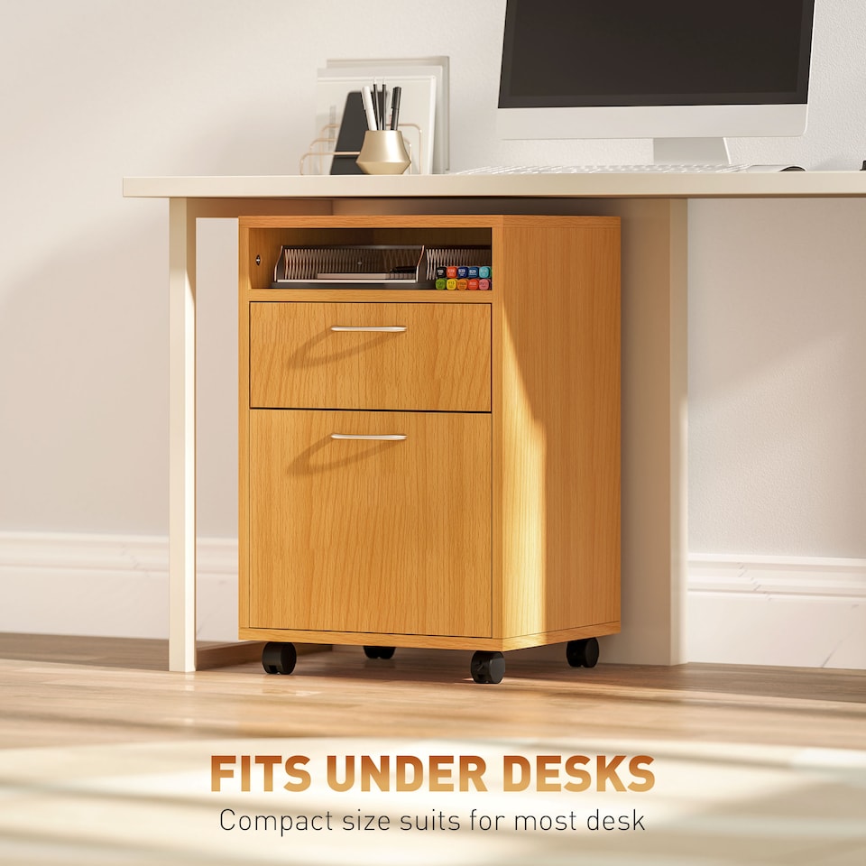 image 1 of HOMCOM 60cm Filing Cabinet with Drawer, Open Shelf, Metal Handles and 4 Wheels, Office Home Organiser Mobile Printer, Natural Wood Finish