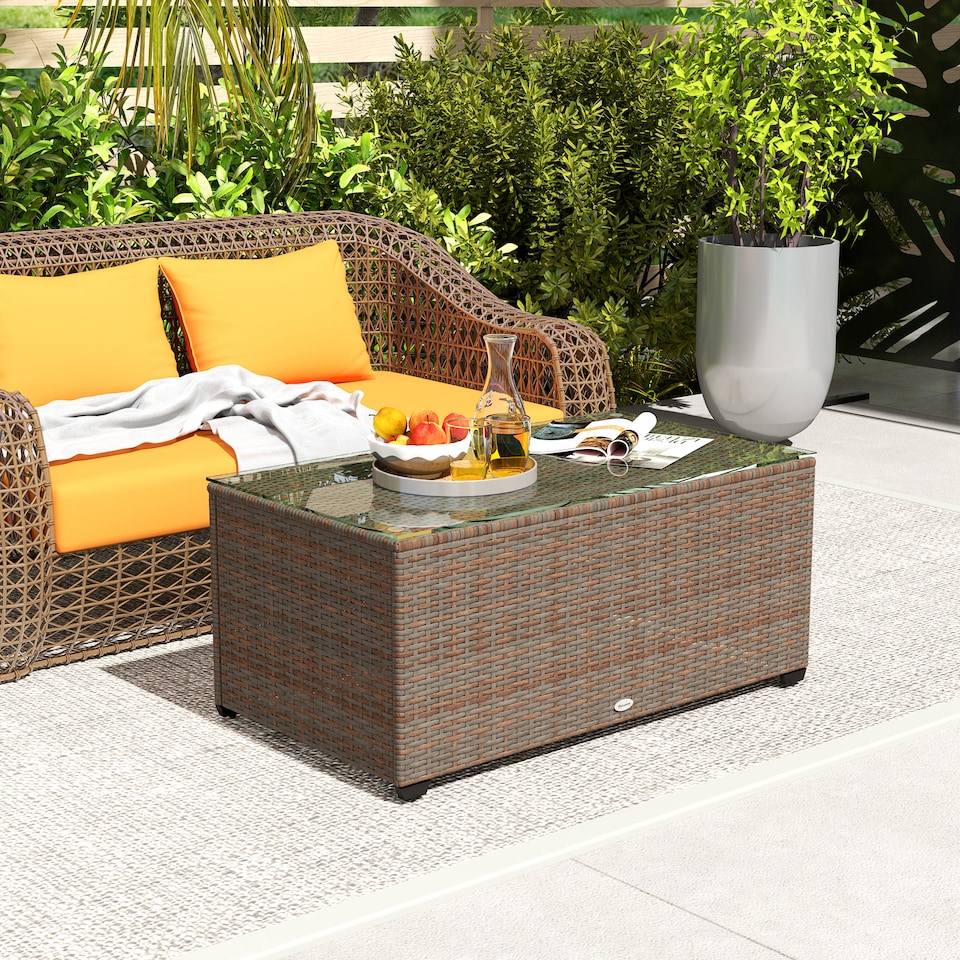 image 1 of Outsunny Outdoor Coffee Table, Glass Top Rattan Side Table, Brown