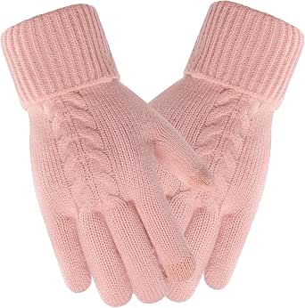 Women's Winter Thermal Gloves, Touch Screen Fleece Lined Knitted Gloves, Thick Warm Cable Knit Gloves with Ribbed Cuff for Cold Weather Driving Phone