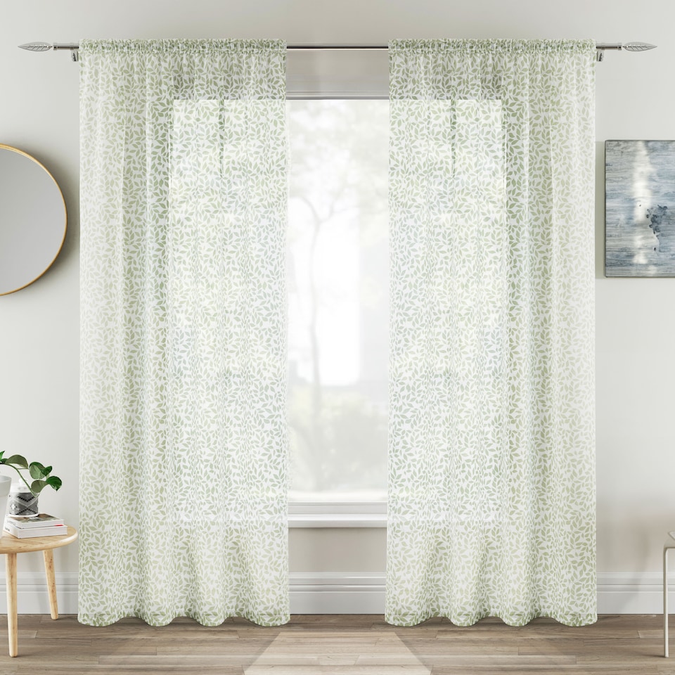 image 1 of Pair of Willow Green Leaf Print on Linen Look Panels, with Rod Pocket Header 137 CM