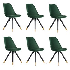 Set of 6 Sofia Ergonomic Modern Dining Chairs Upholstered in Velvet, Metal Legs with Gold End Tips Green
