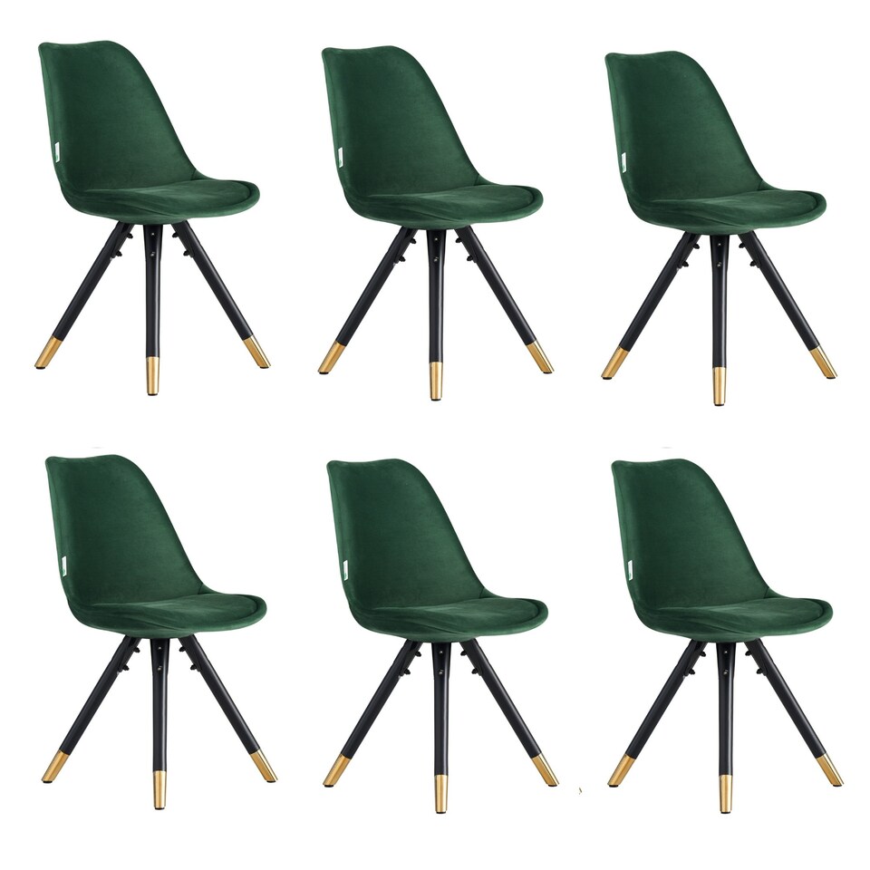 image 1 of Set of 6 Sofia Ergonomic Modern Dining Chairs Upholstered in Velvet, Metal Legs with Gold End Tips Green