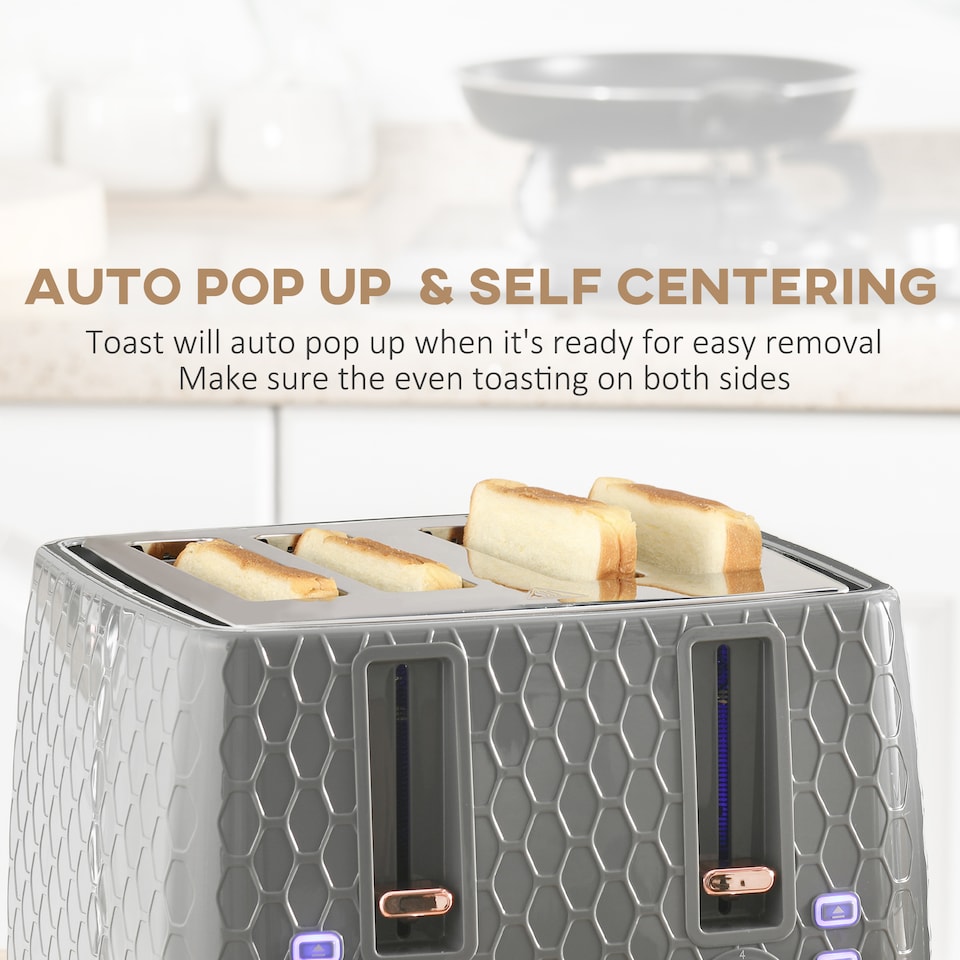 image 1 of HOMCOM Kettle and Toaster Set, 1.7L 3000W Fast Boil Jug Kettle with Auto Shut Off, 4 Slice Toaster with 7 Level Browning Controls & Crumb Tray, UK Otter Thermostat, Grey