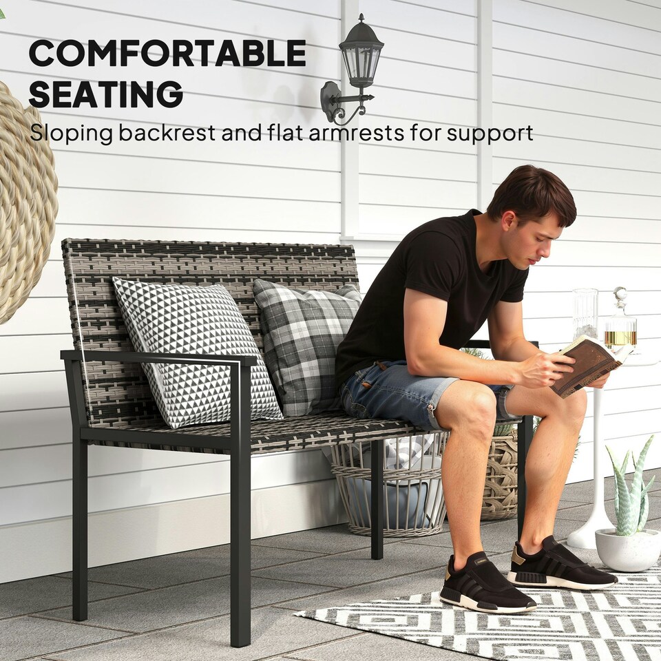image 1 of Outsunny Rattan Garden Bench Loveseat with Quick-Drying Padding 