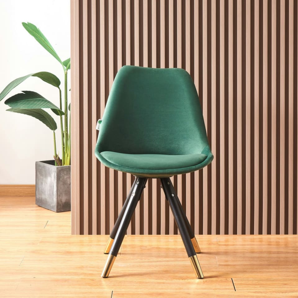 image 1 of Set of 6 Sofia Ergonomic Modern Dining Chairs Upholstered in Velvet, Metal Legs with Gold End Tips Green