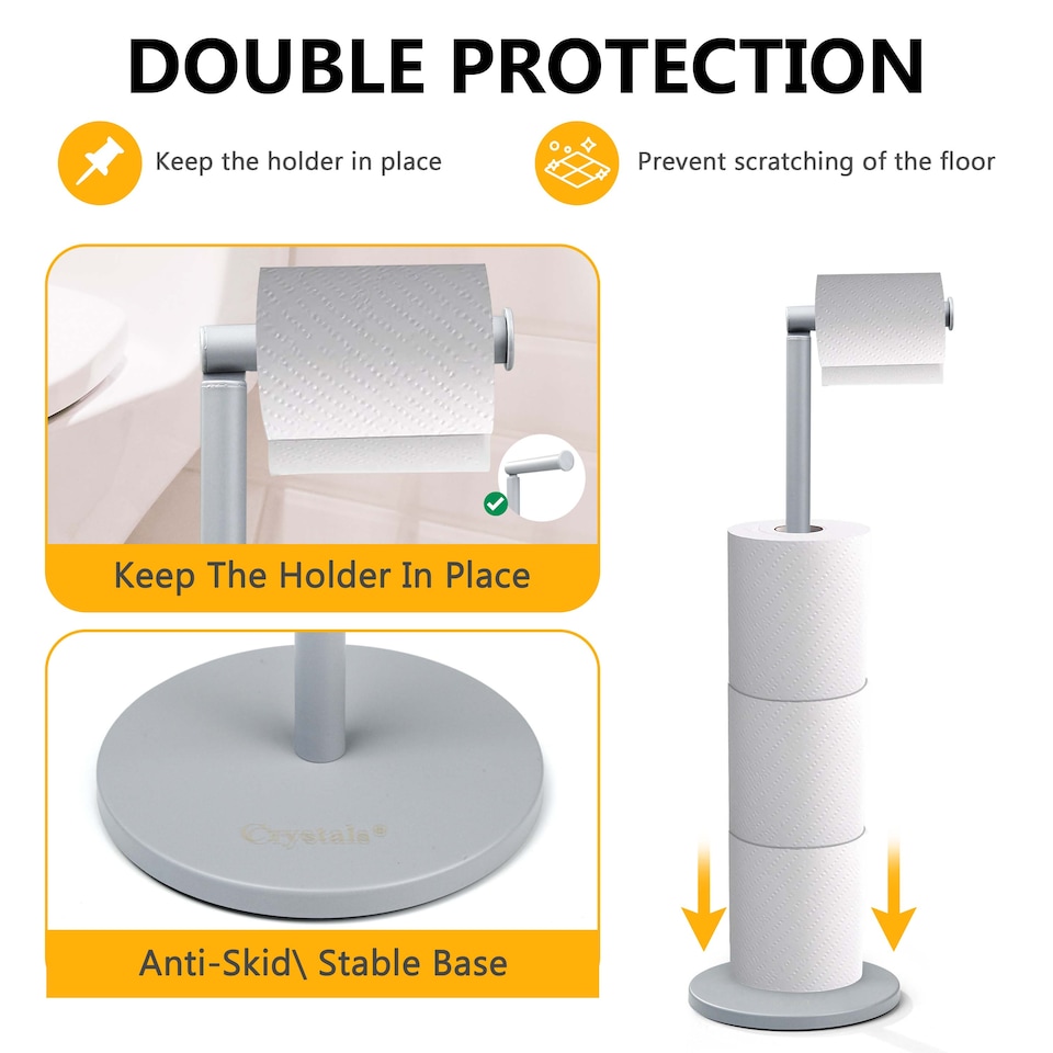 image 1 of 2 in 1 Toilet Paper Holder Grey Bathroom Free Standing Tissue Roll Storage Rack