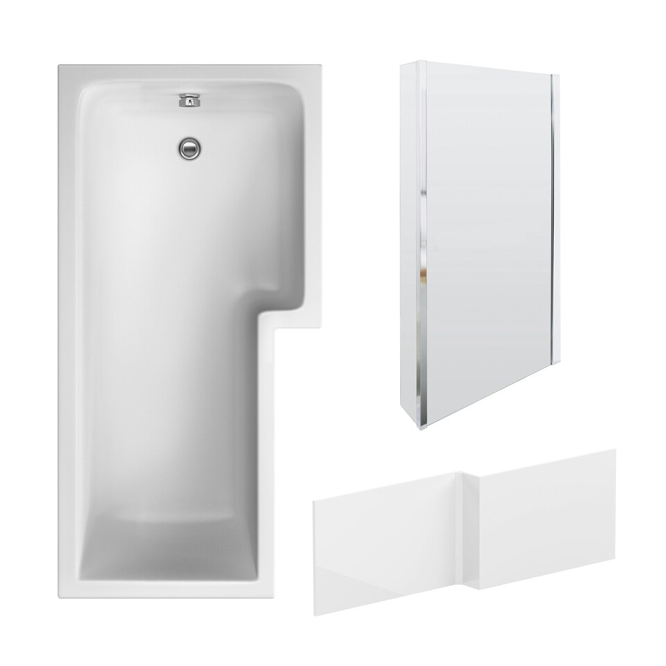 image 1 of 1700mm Right Hand L Shape Bathtub, Front Panel with Bath Screen - Chrome Profile White
