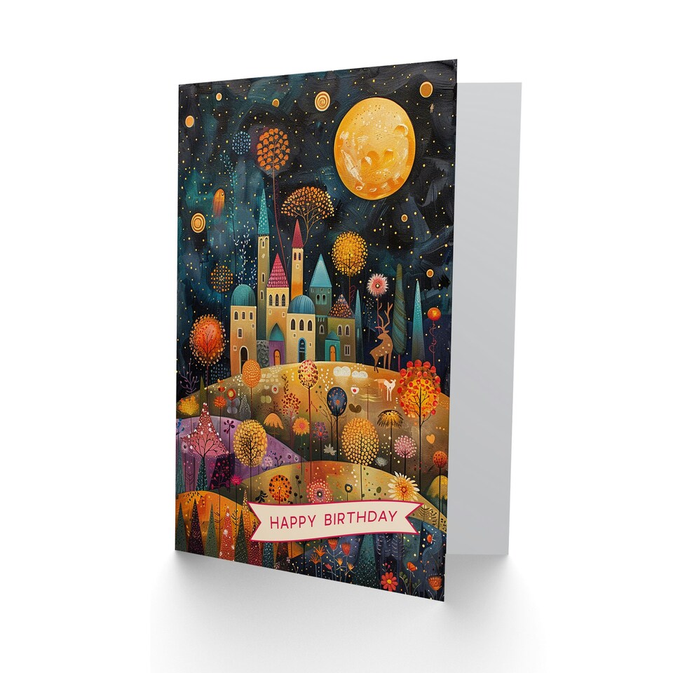 image 1 of Hilltop City Full Moon Stars Colourful Folk Her Birthday Card