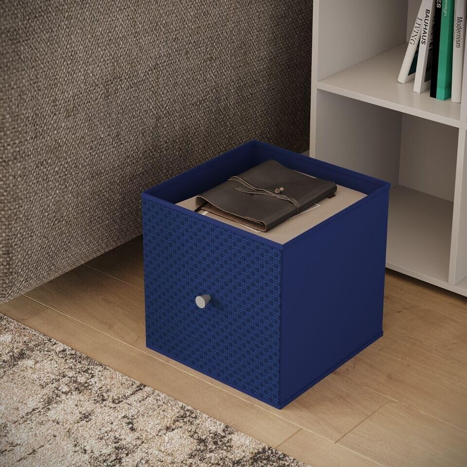 image 1 of Foldable Woven Fabric Storage Cube Box Drawer Insert Organiser Basket with Handle | Blue | Royal Blue | Pack of 1 | 1