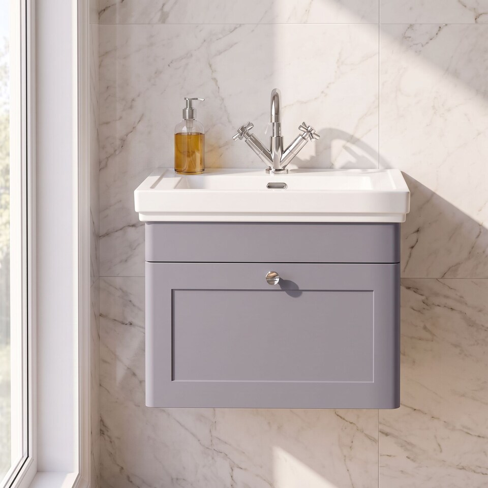 image 1 of Balterley Classic Traditional Bathroom Wall Hung 1-Drawer Vanity Unit & Fireclay Basin | Grey | Satin Grey