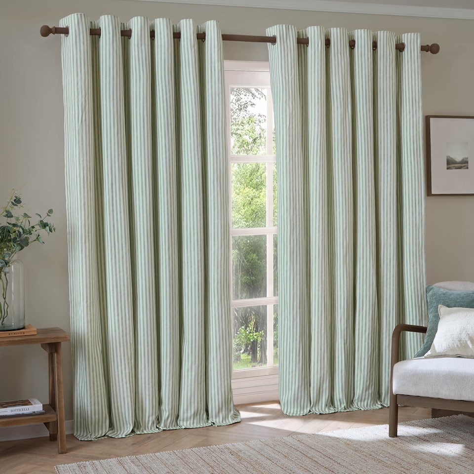 image 1 of Hebden Striped Cotton Eyelet Curtain Pair, 168 x 183cm, Eucalyptus | Green | Eucalyptus
