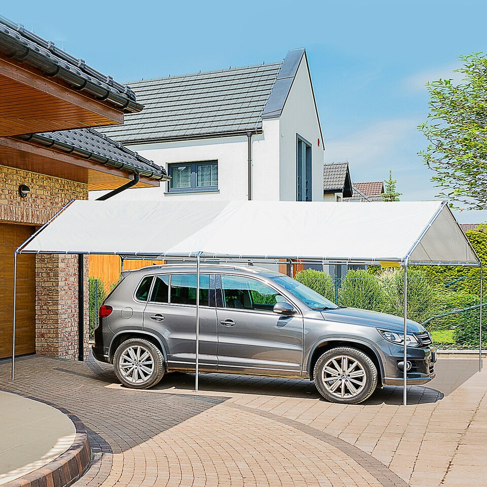 image 1 of Outsunny 2-Rooms Outdoor Carport Galvanized Steel Frame Tent UV Resistant Grey | Grey | Grey