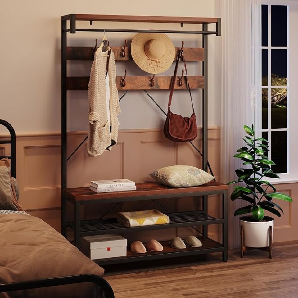 image 1 of London Boutique Hall Tree with Bench & 2-Tier Shoe Rack 102x40x183cm