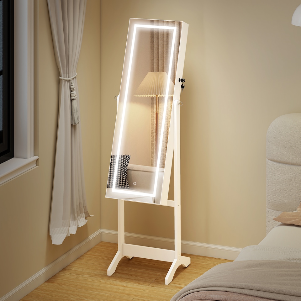 image 1 of HOMCOM Jewellery Cabinet with LED Light, Lockable Jewellery Organiser with Full-Length Mirror for Bedroom Dressing Room, White