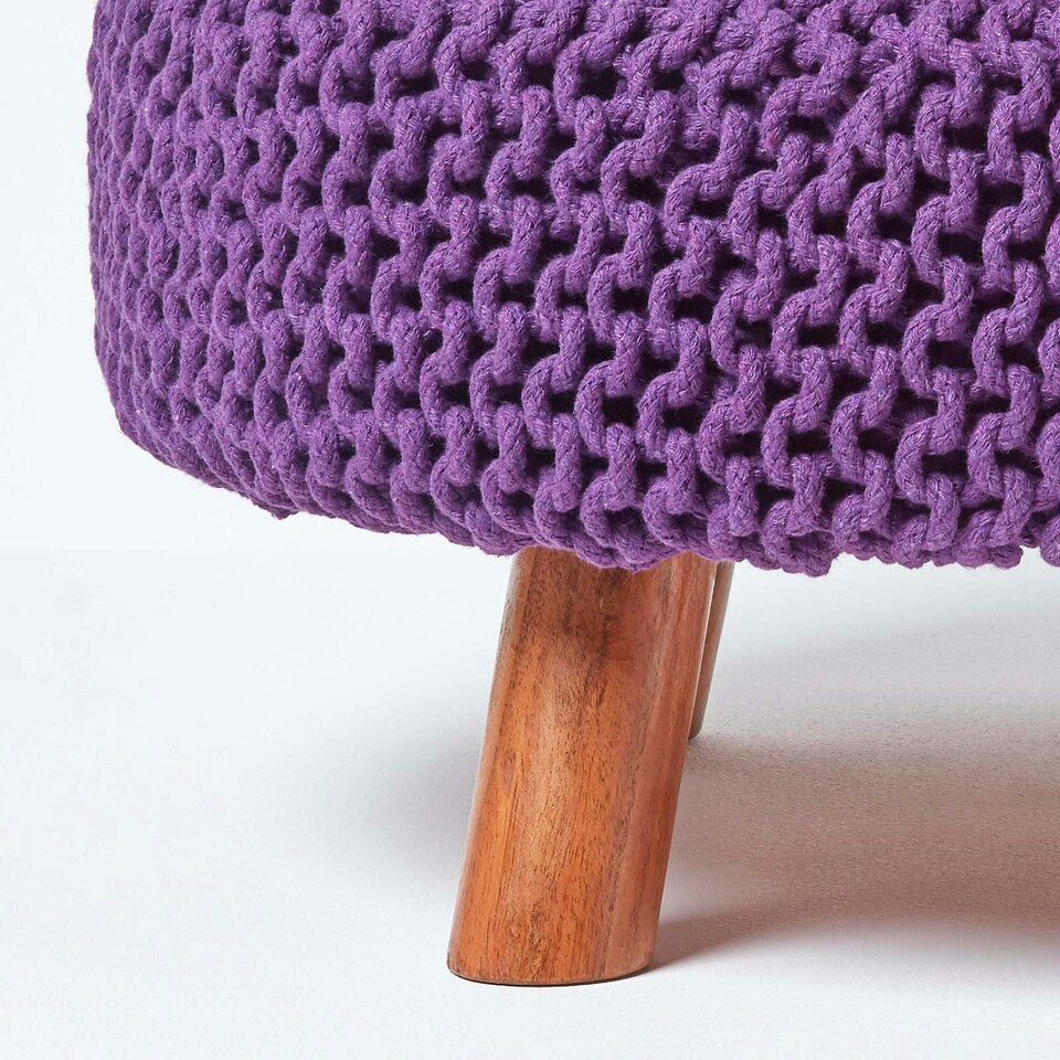 image 1 of Homescapes Purple Large Round Cotton Knitted Footstool on Legs