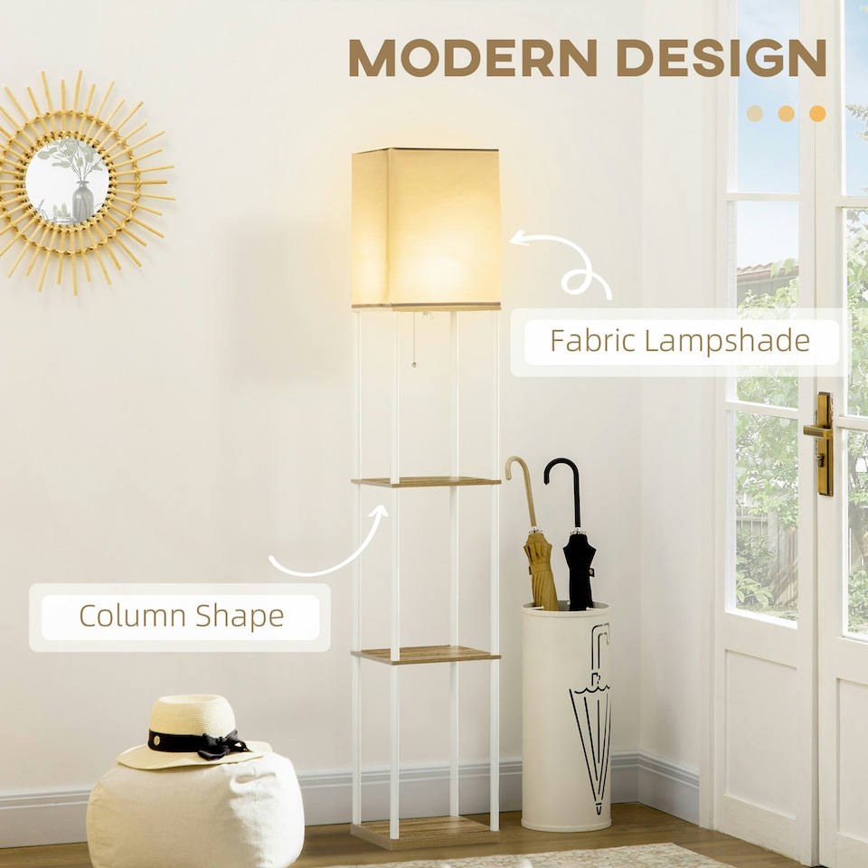 image 1 of HOMCOM Modern Floor Lamp with Shelves and Fabric Lampshade