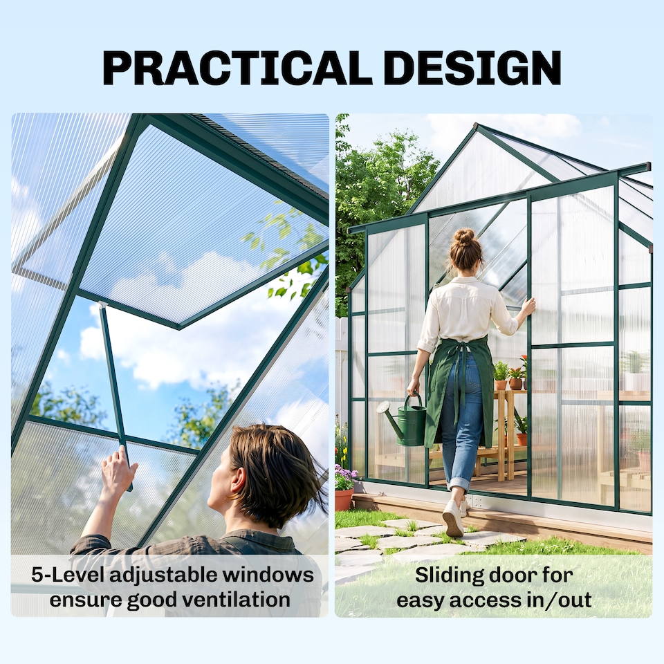 image 1 of Outsunny 8x12ft Polycarbonate Walk-in Greenhouse Outdoor w/ Double Sliding Door | Clear