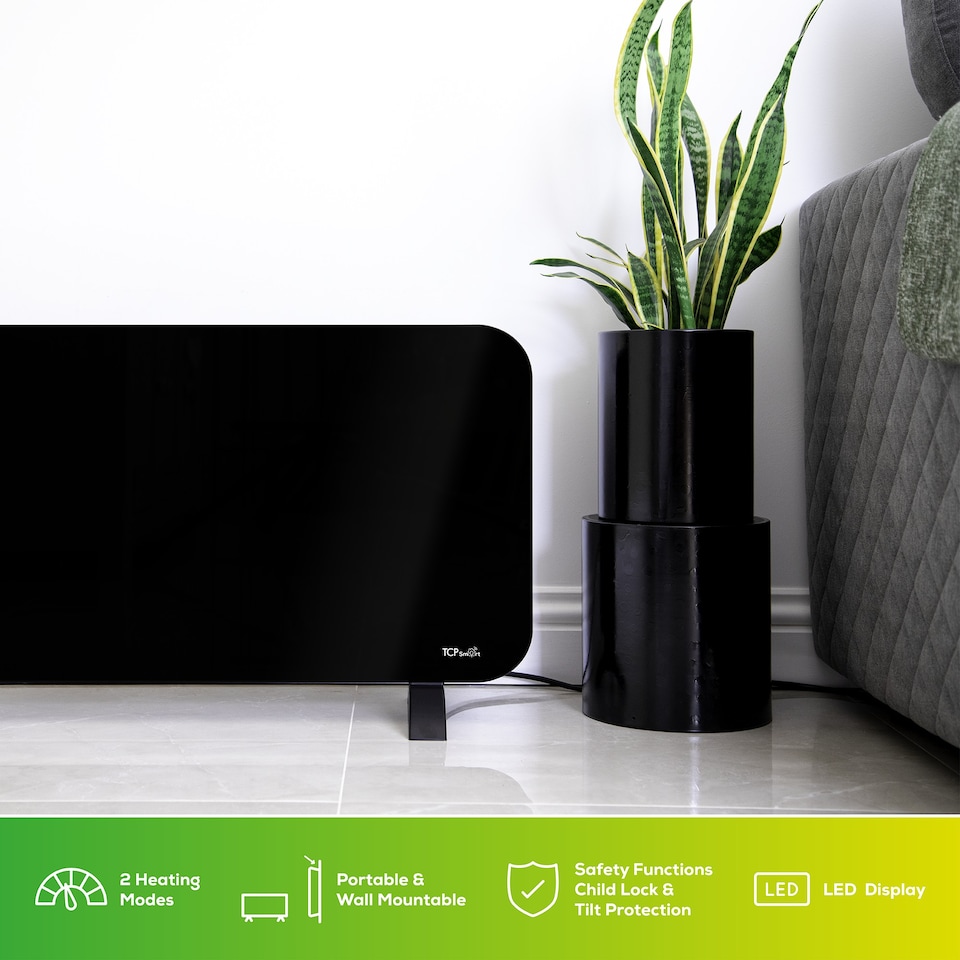 image 1 of TCP Smart WiFi Glass Panel Heater 2000W, Alexa Compatible, Open Window Detector, Wall Mounted & Freestanding Black Heater