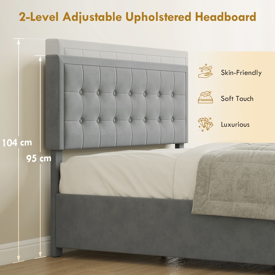 image 1 of HOMCOM 4ft6 Double Bed Frame with Storage and Adjustable Headboard, Grey