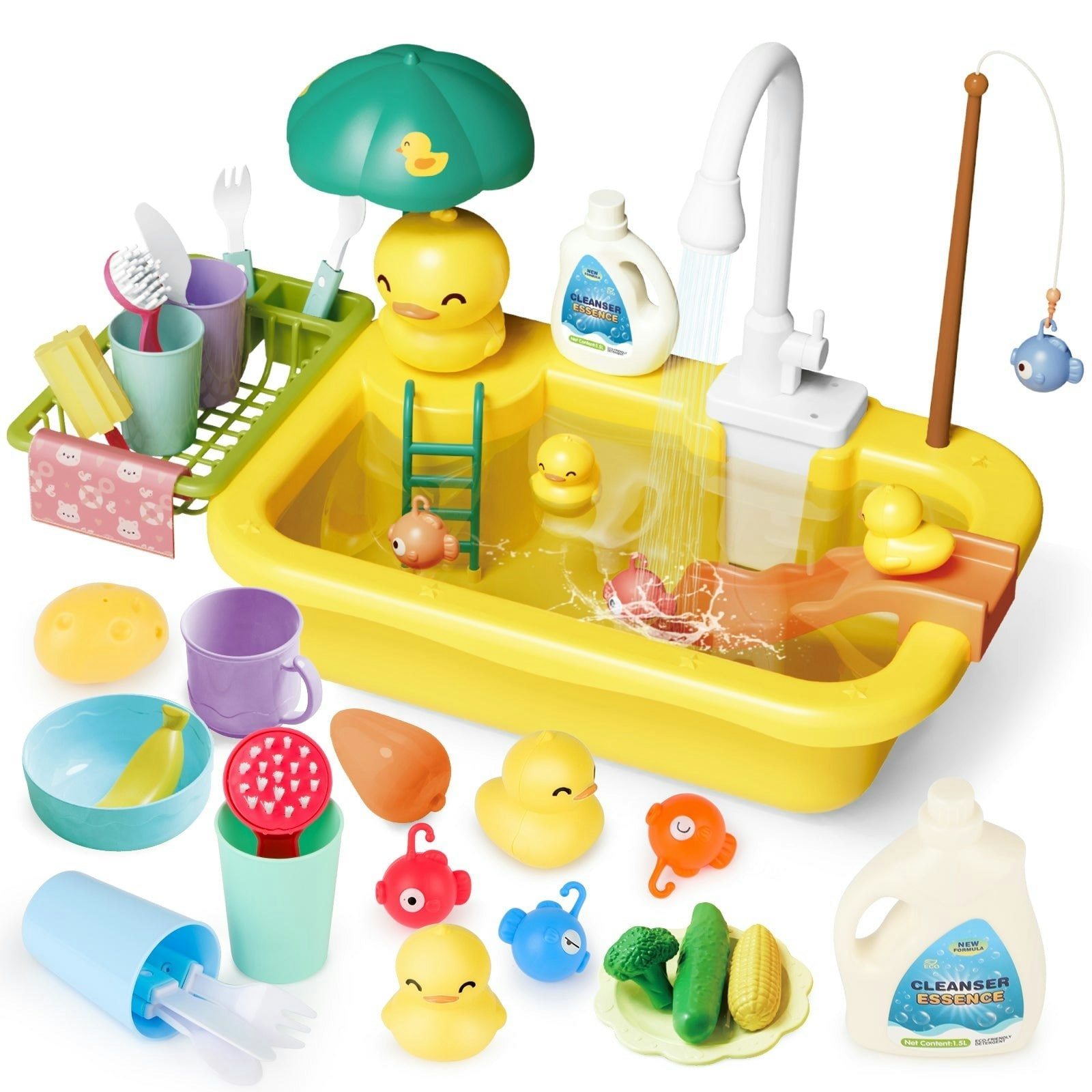 Kids Kitchen Duck Sink Play Set - Pretend Play Washing Station with Running Water Faucet, Floating Accessories, Slide & Dishwashing Tools, Educational Role-Play Toy for Children Ages 3+