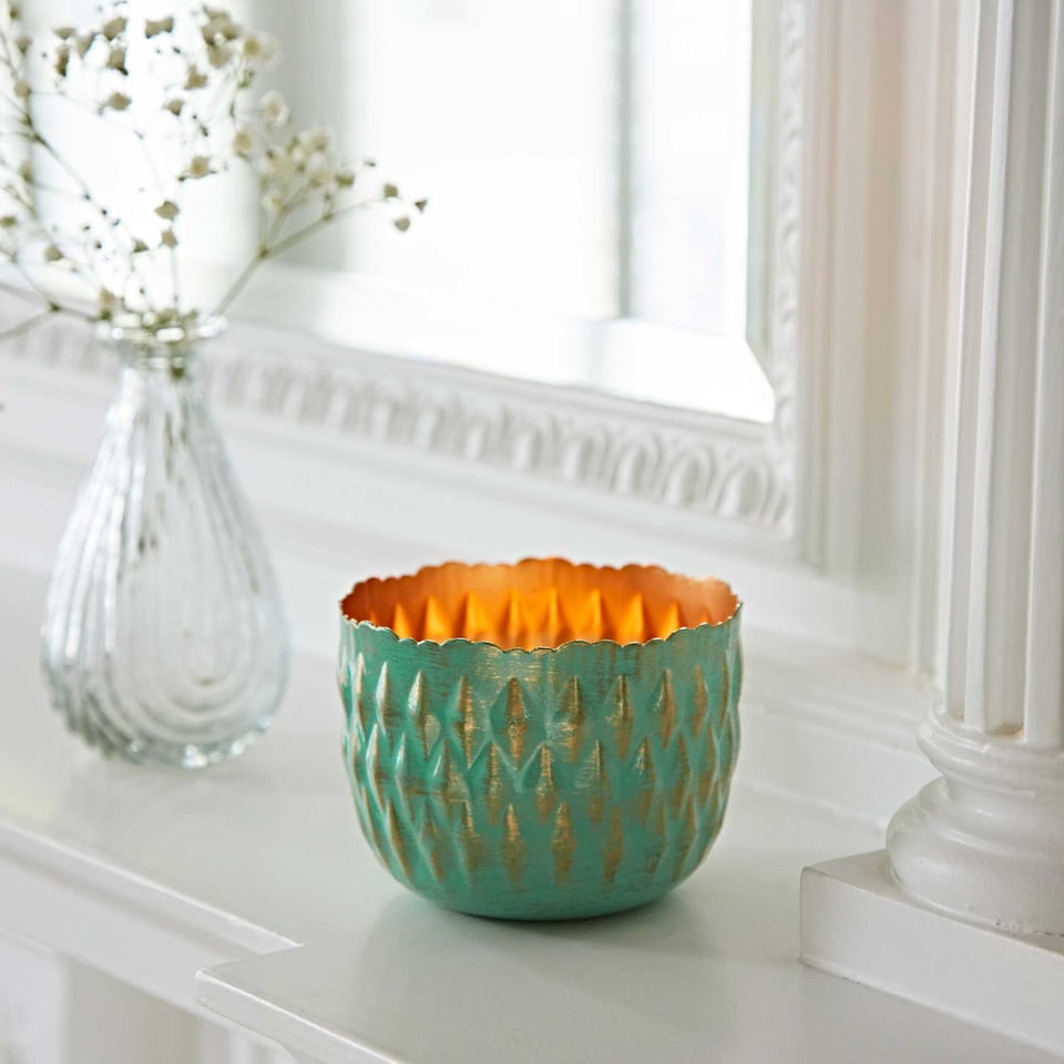 image 1 of Turquoise and Gold Metal Tea Light Holder