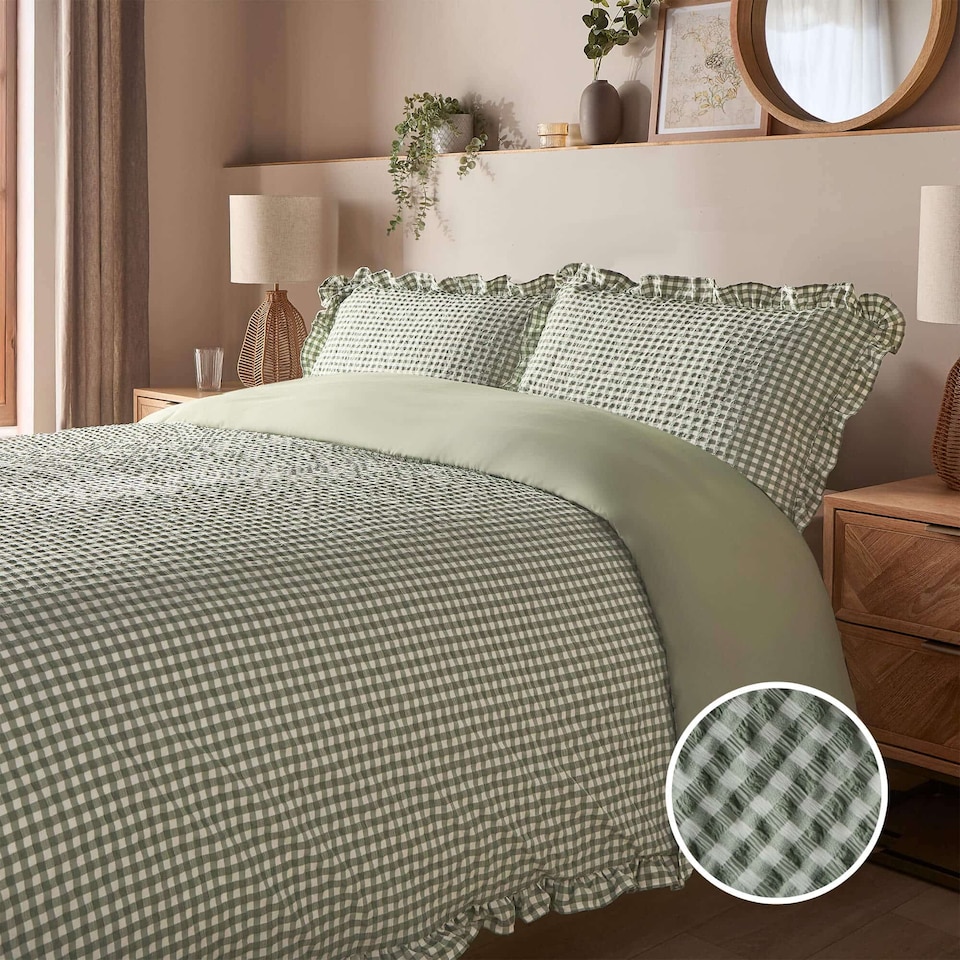 image 1 of Silentnight Supersoft Duvet Cover Set, Gingham Ruffle, Sage