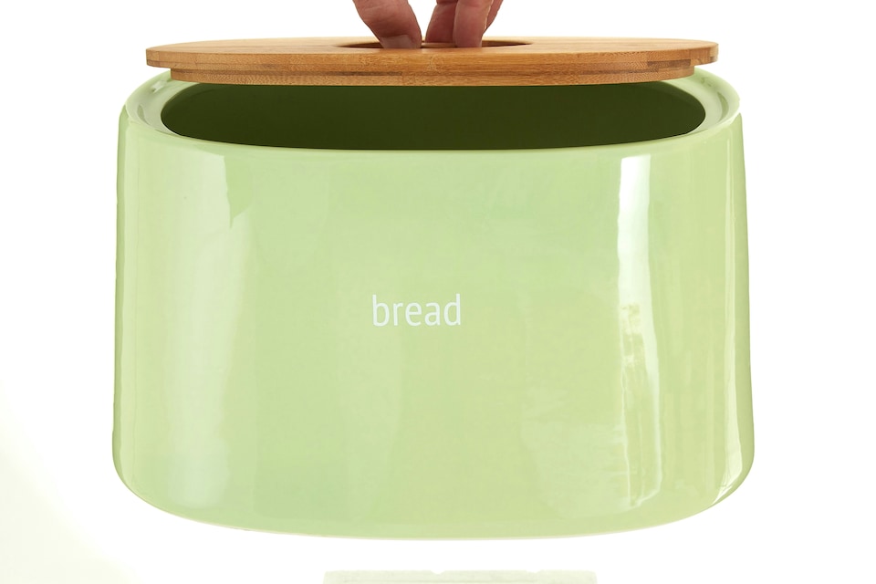 image 1 of Orsina Luxe Green Ceramic Bread Bin, Tapered Bread Box with Bamboo Lid, Large Bread Storage Container For Loaves