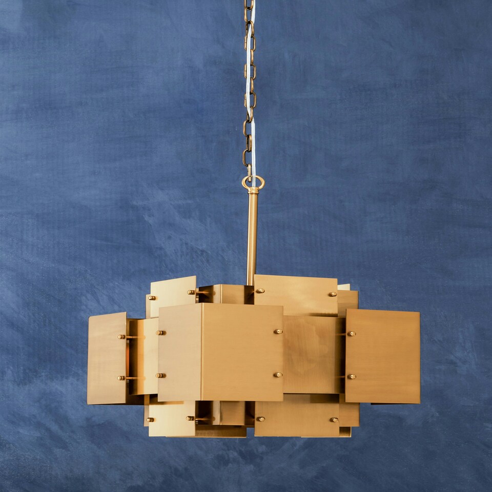 image 1 of Interiors by Premier Modern Brass Finish Pendant Light, Four Bulb Metal Chandelier With Bold Square Frames, Overlapping Bands