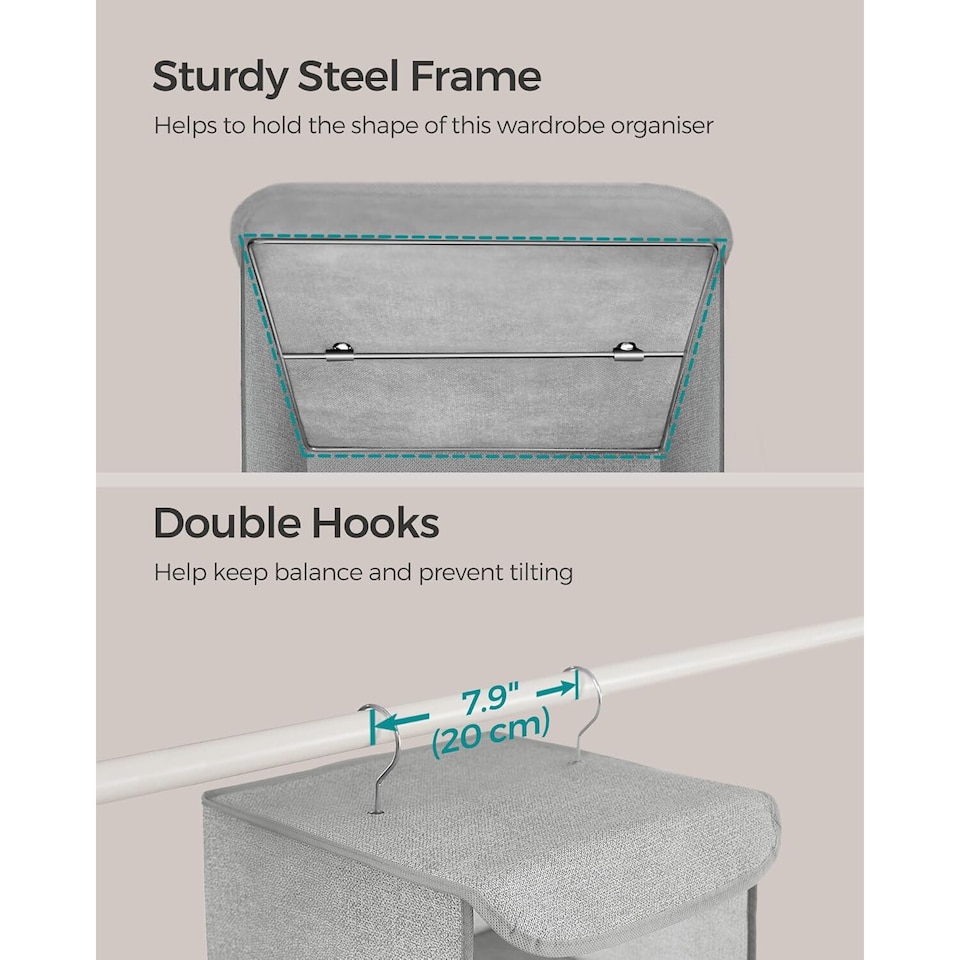 image 1 of Hanging Wardrobe Storage Organiser with Bamboo Detail, Space Saving Closet Shelf, Light Grey