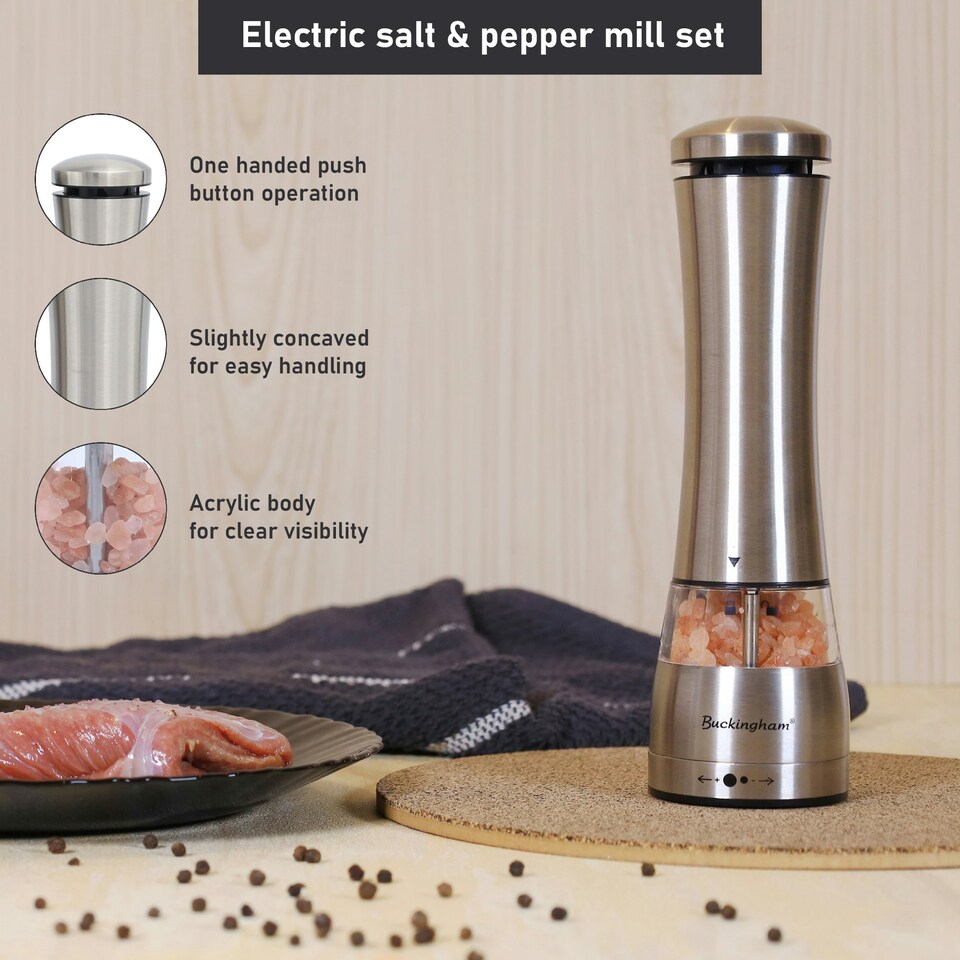 image 1 of Buckingham Stainless Steel Premium Electric Salt & Pepper Mill Set , matt finish