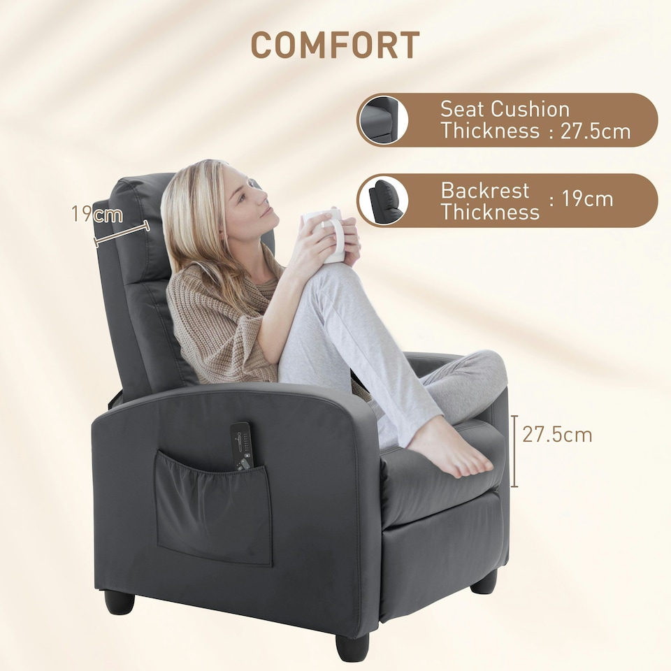 image 1 of HOMCOM Recliner Sofa Chair PU Leather Massage Armcair w/ Remote Control, Grey