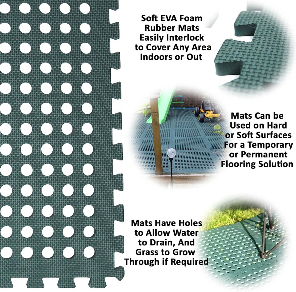 image 1 of Garden Safety Floor Mats – Interlocking EVA Foam Tiles | Green Outdoor Anti-Fatigue Matting with Drainage Holes (16 Sq. Ft)