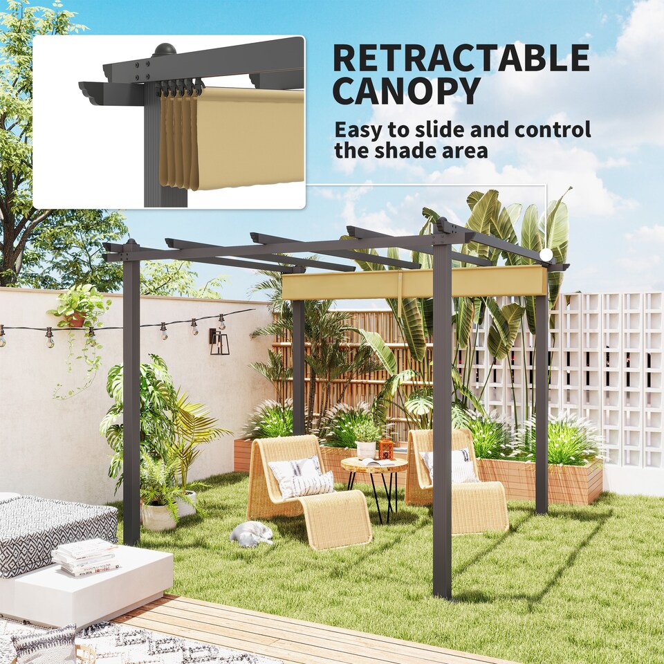 image 1 of Outsunny 3 x 3m Pergola with Retractable Roof, Aluminium Frame Garden Gazebo Canopy Outdoor Sun Shade Shelter for Grill, Patio, Deck, Khaki