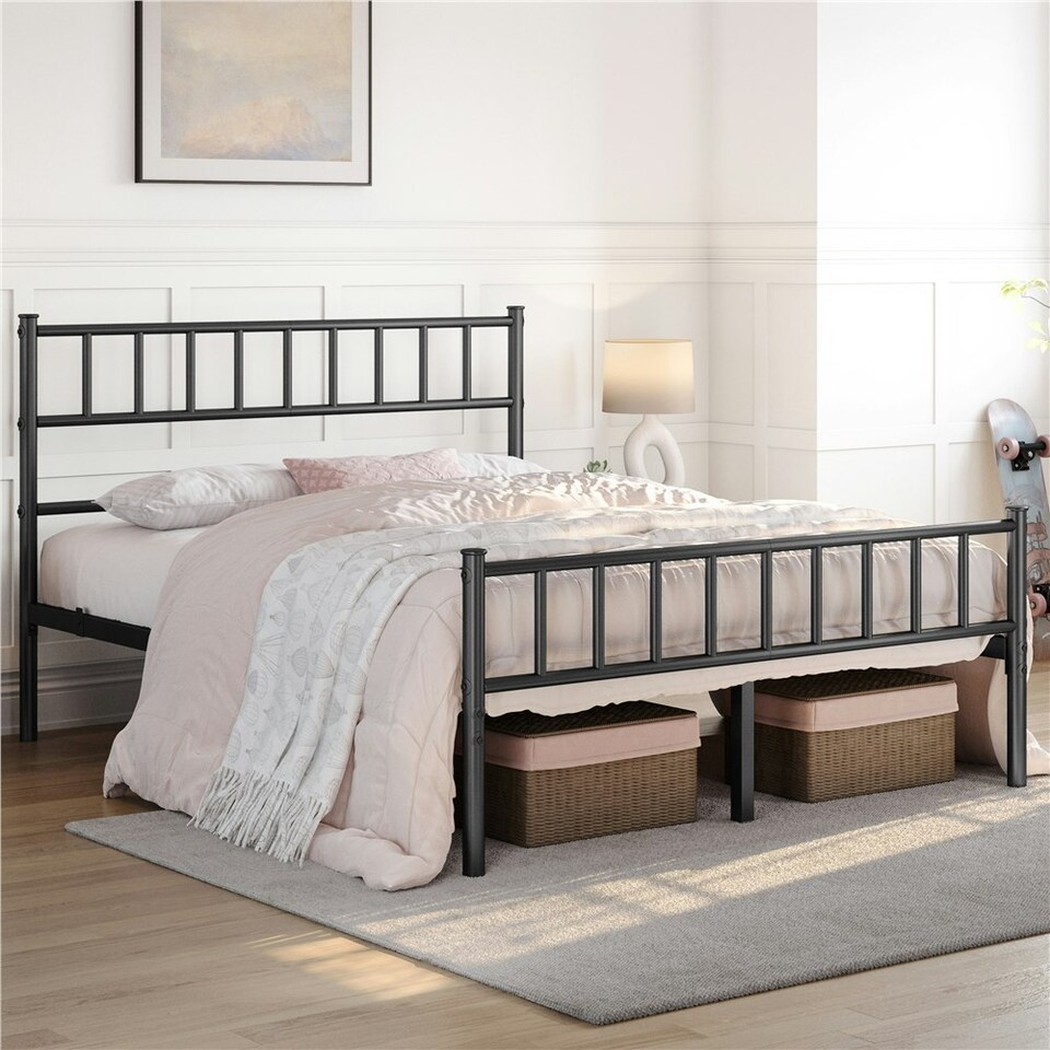 image 1 of Yaheetech 5ft King Metal Bed Frame with Slatted Headboard Black