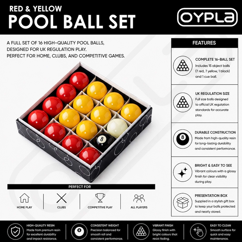 image 1 of Full Size UK Regulation 16 Red and Yellow Pool Ball Set | Multi