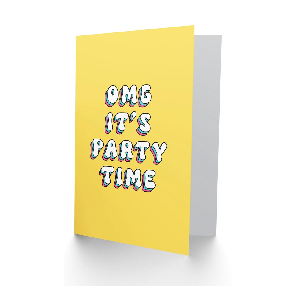 image 1 of Omg Party Time Fun Bright Retro Yellow Woman Her Birthday Card
