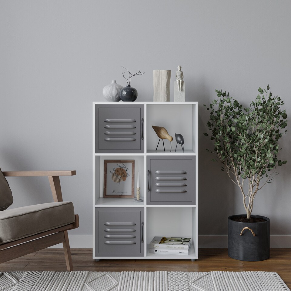 image 1 of 6-Cube Shelving Unit With Metal Doors | White | White & Grey | 1