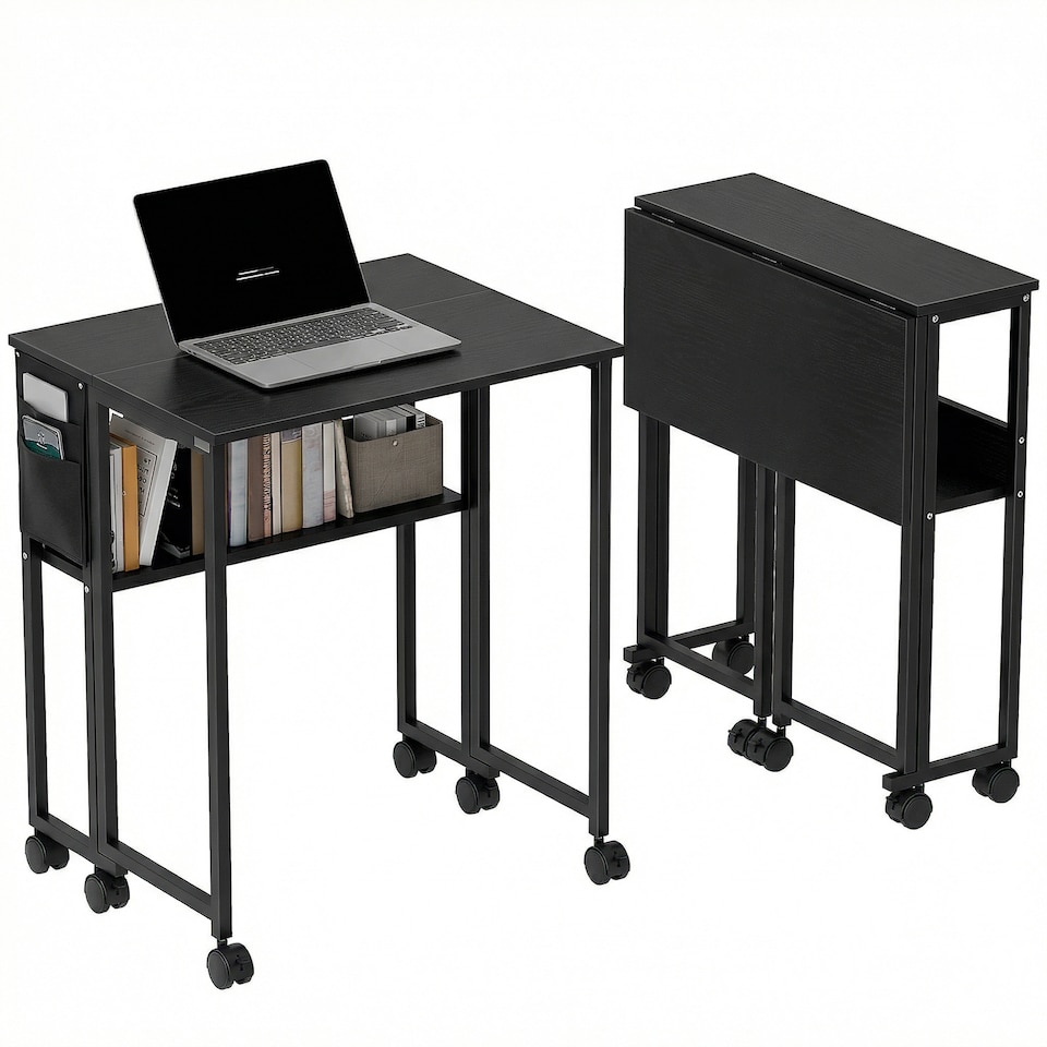 image 1 of HOMCOM 63 cm Foldable Computer Desk on Wheels for Small Spaces Black | Black | Black wood grain | 63W x 50D x 75H cm