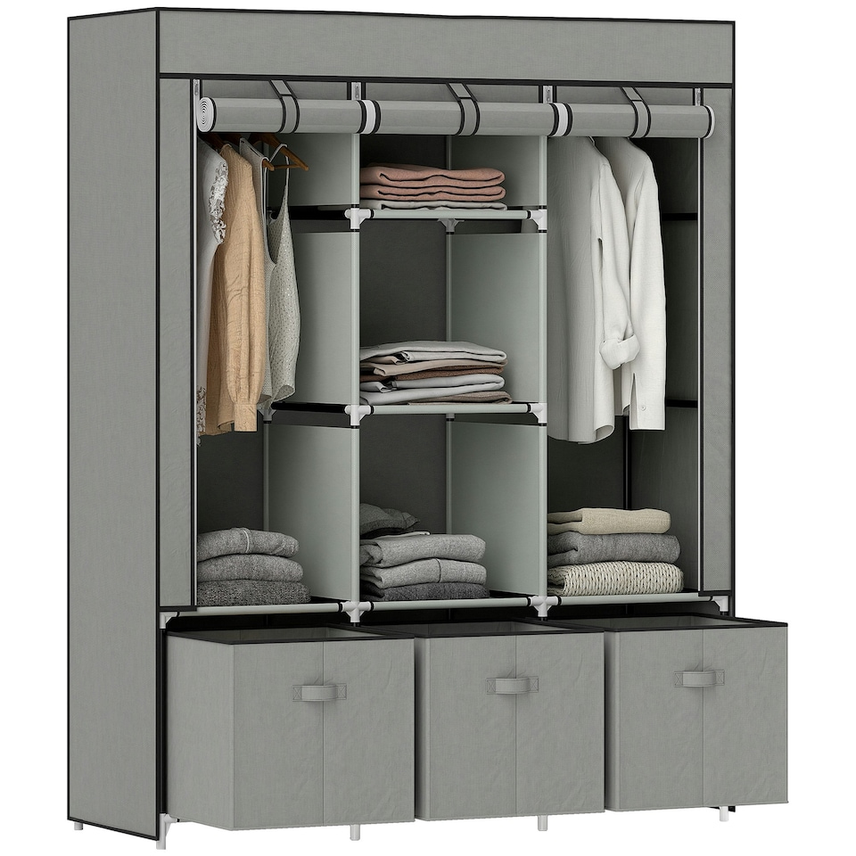 image 1 of HOMCOM Portable Wardrobe w/ 5 Shelves 3 Fabric Drawers and 2 Hanging Rails | Grey | 125W x 43D x 162.5H cm