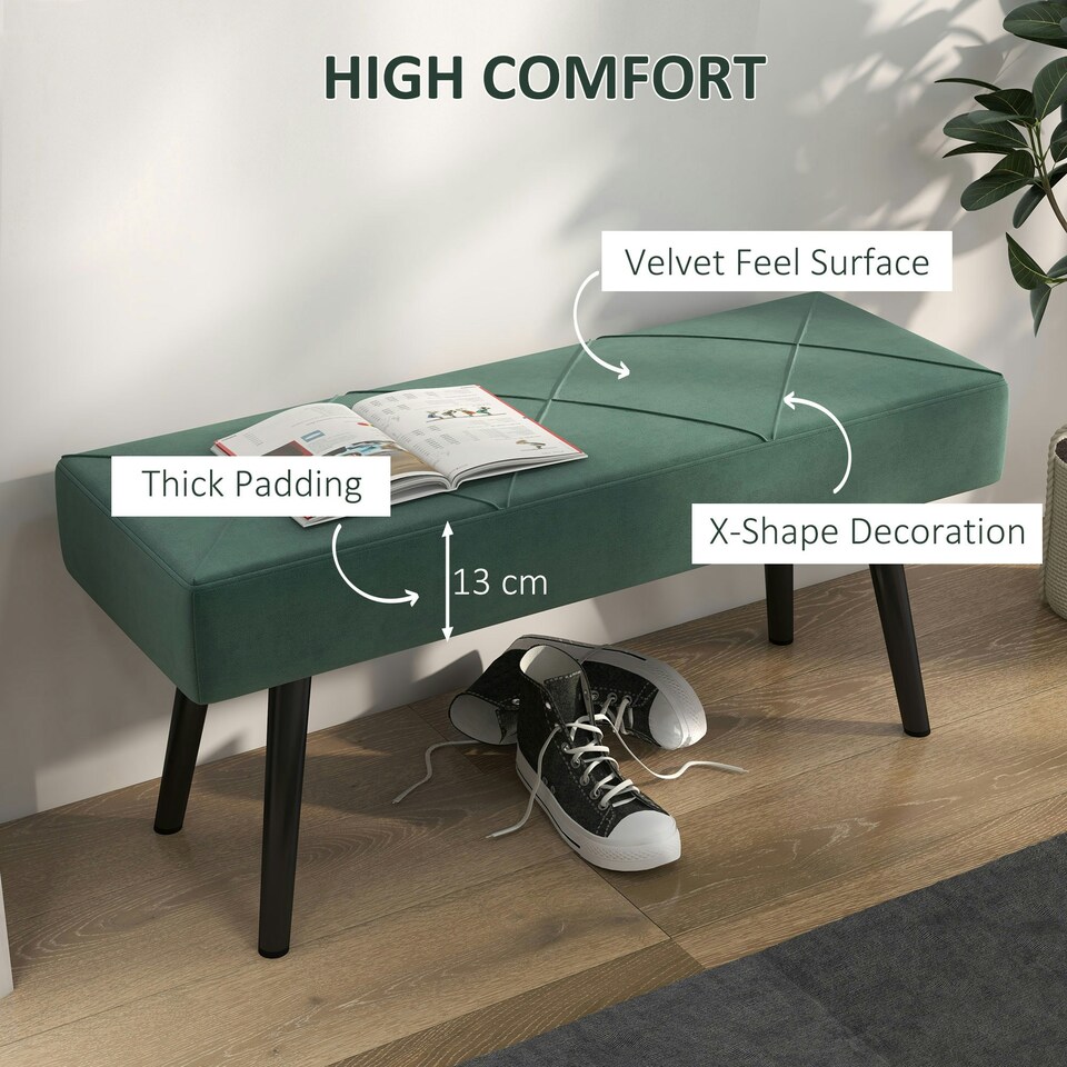 image 1 of HOMCOM End of Bed Bench, Upholstered Hallway Bedroom with Steel Legs, Green