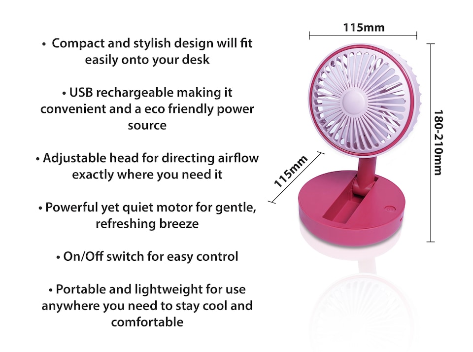 image 1 of Premier Compact USB Rechargeable Desktop Fan with Adj Head Pink